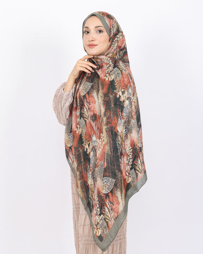 Soft Bambu Kraş Şal D048 Yeşil, yapraklı desenli, 75 × 185 cm şal – görsel 1