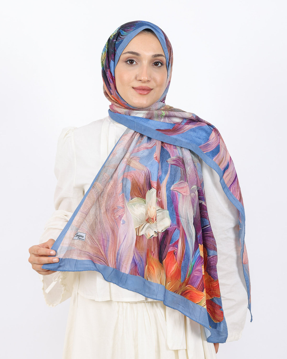 Soft Bambu Kraş Şal D055 Mavi, çiçekli desenli, 75 × 185 cm şal – görsel 2