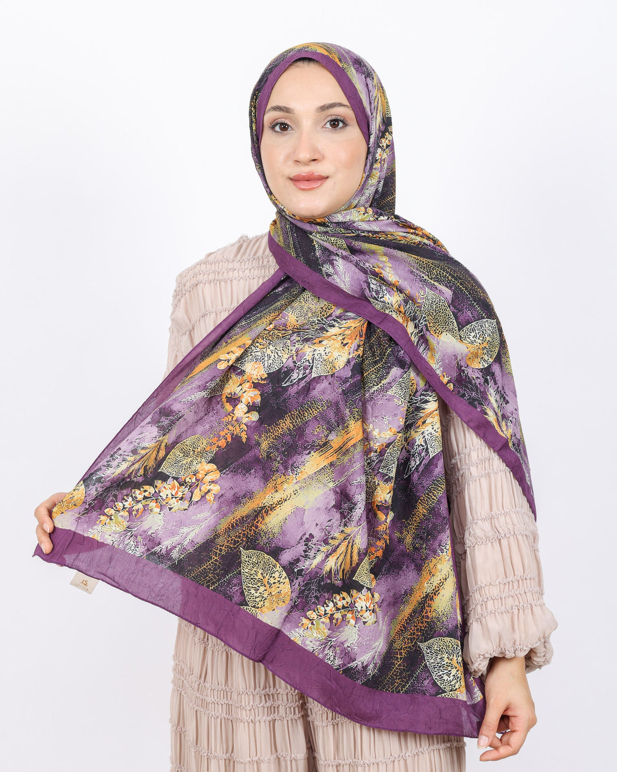 Soft Bambu Kraş Şal D048 Mürdüm, yapraklı desenli, 75 × 185 cm şal – görsel 2