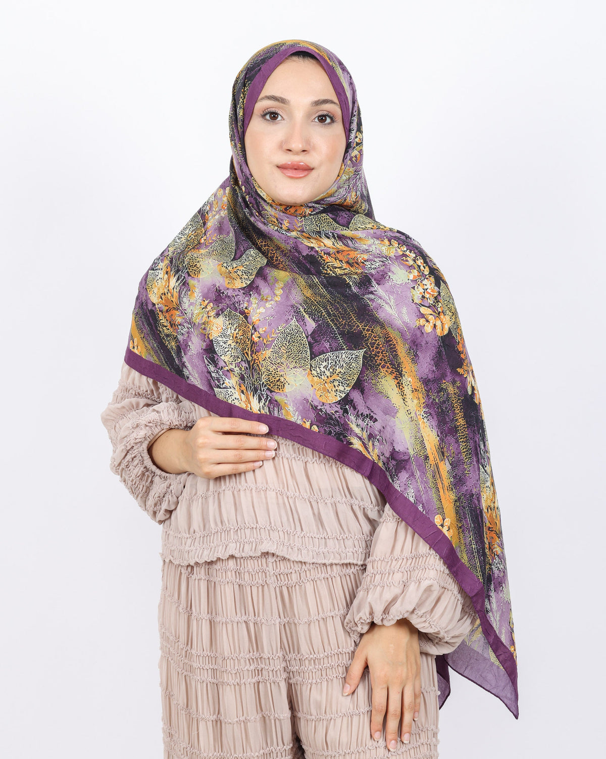 Soft Bambu Kraş Şal D048 Mürdüm, yapraklı desenli, 75 × 185 cm şal – görsel 3