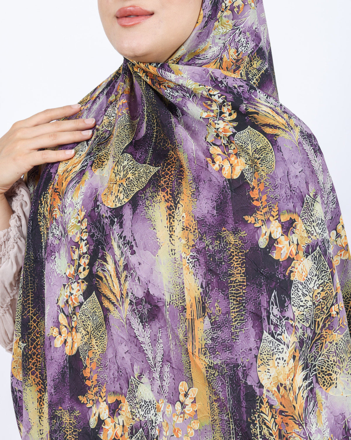 Soft Bambu Kraş Şal D048 Mürdüm, yapraklı desenli, 75 × 185 cm şal – görsel 4