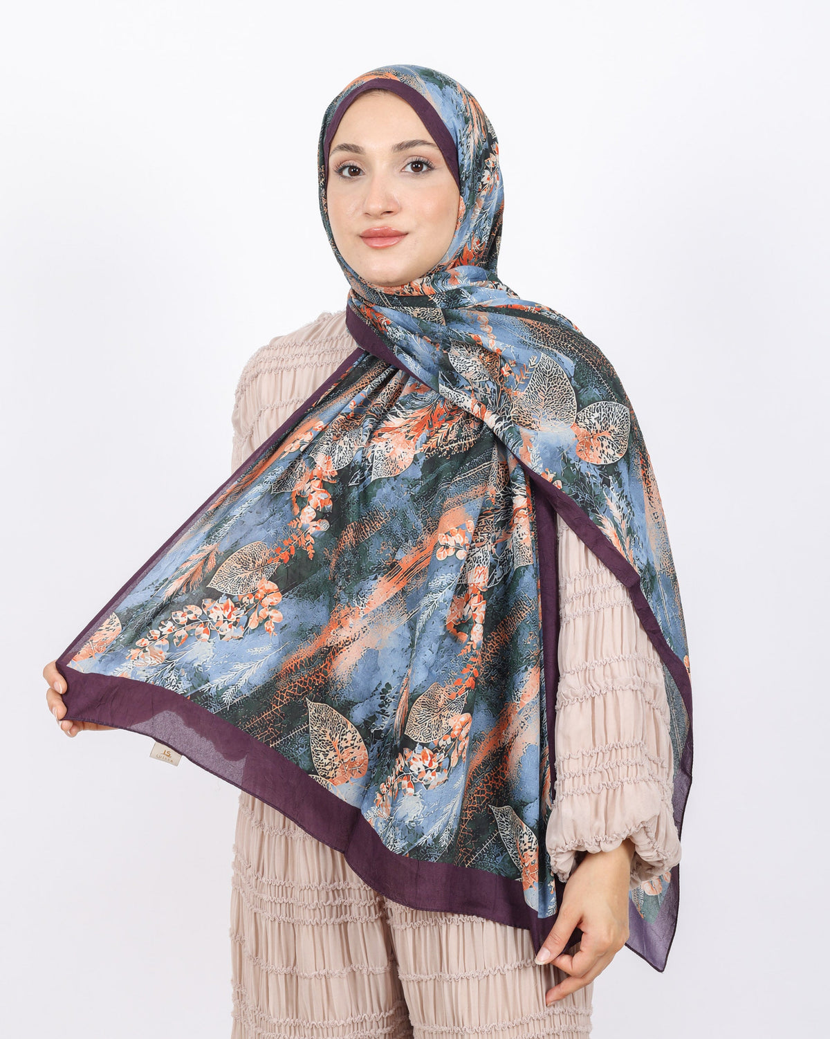 Soft Bambu Kraş Şal D048 Koyu Mürdüm, yapraklı desenli, 75 × 185 cm şal – görsel 2