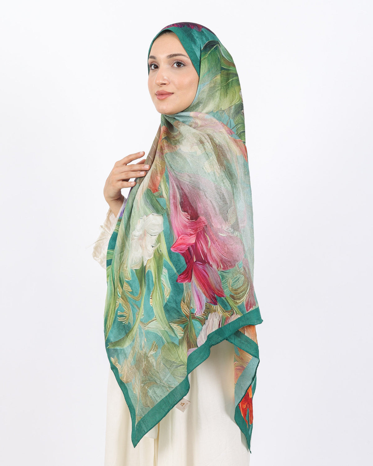 Soft Bambu Kraş Şal D055 Mint Yeşili, çiçekli desenli, 75 × 185 cm şal – görsel 1