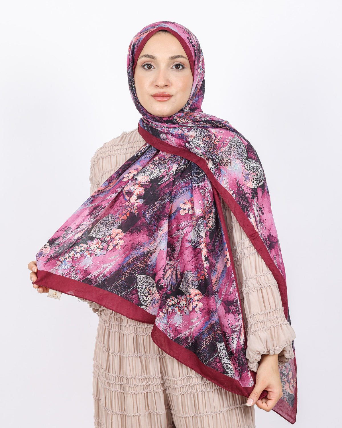 Soft Bambu Kraş Şal D048 Bordo, yapraklı desenli, 75 × 185 cm şal – görsel 2