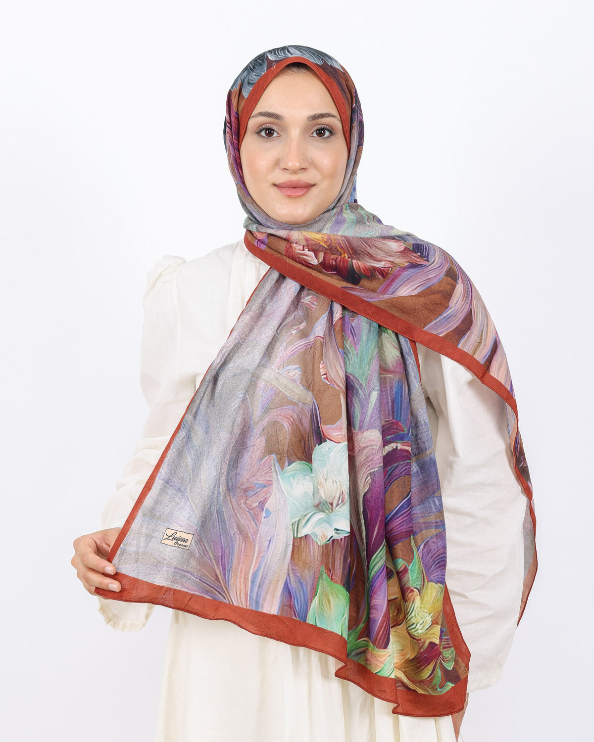 Soft Bambu Kraş Şal D055 Kiremit, çiçekli desenli, 75 × 185 cm şal – görsel 2