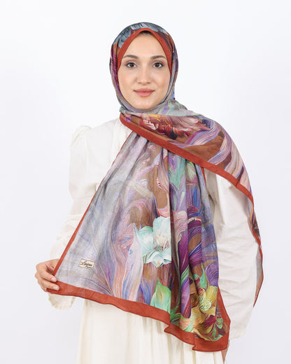 Soft Bambu Kraş Şal D055 Kiremit, çiçekli desenli, 75 × 185 cm şal – görsel 2