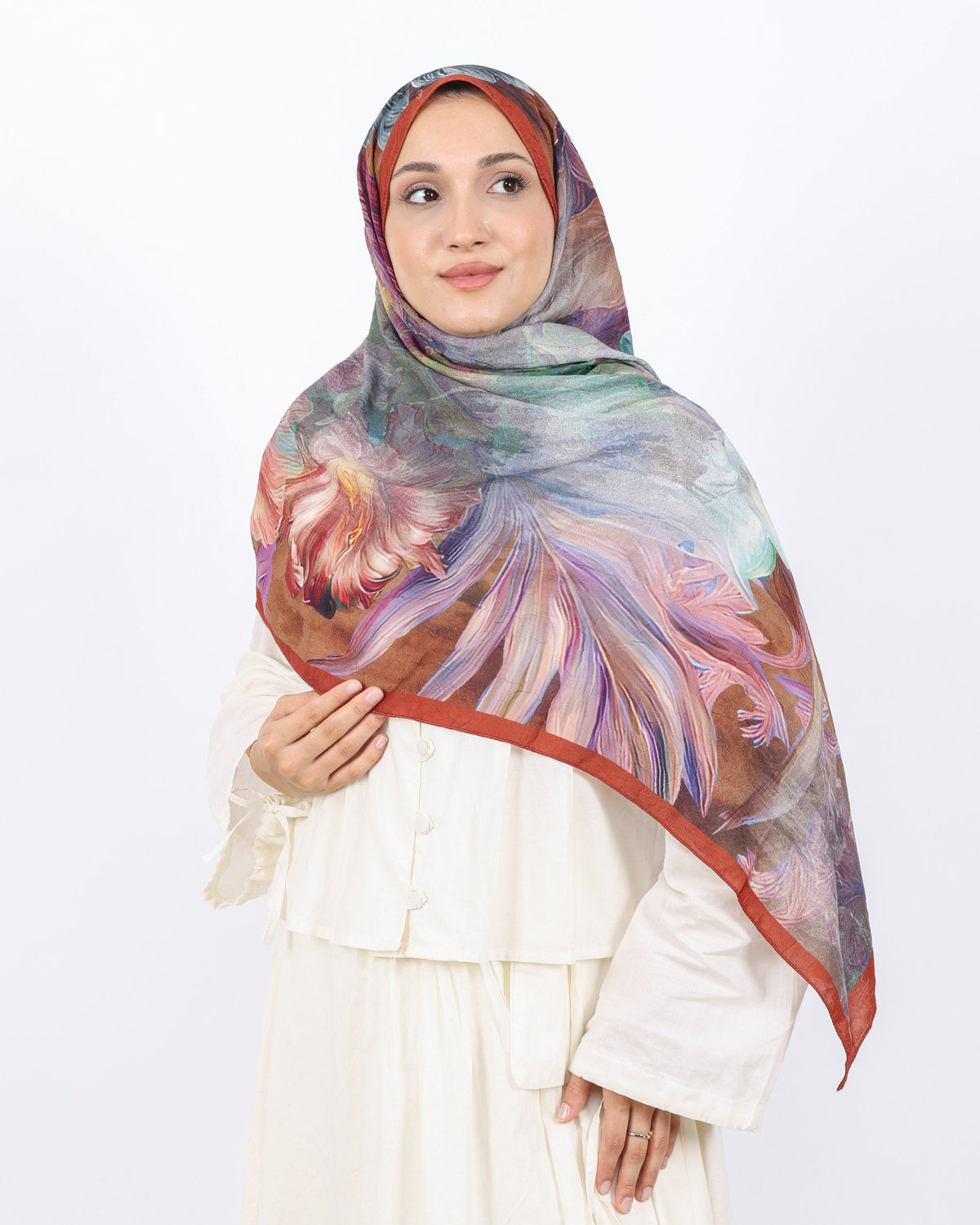 Soft Bambu Kraş Şal D055 Kiremit, çiçekli desenli, 75 × 185 cm şal – görsel 1
