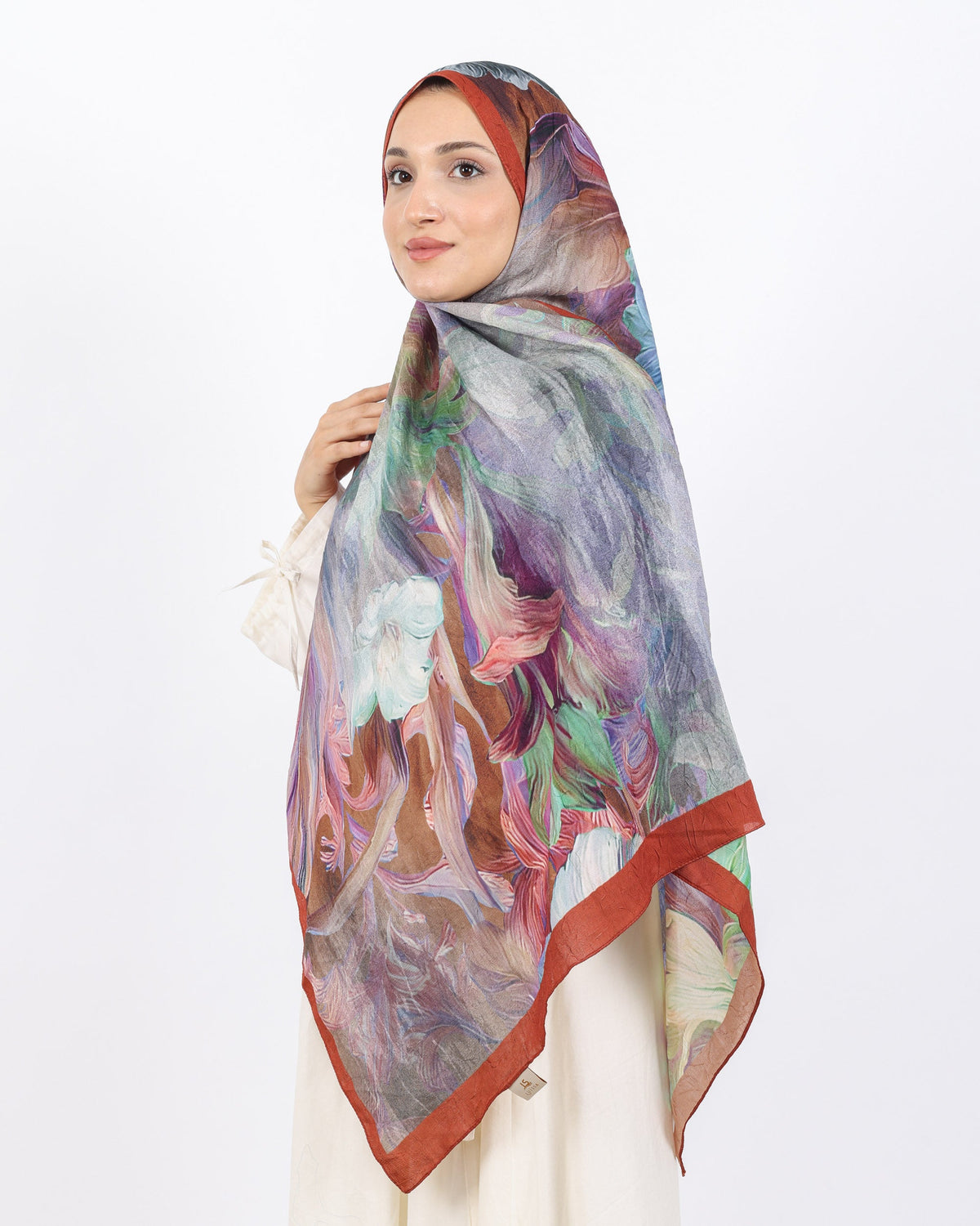Soft Bambu Kraş Şal D055 Kiremit, çiçekli desenli, 75 × 185 cm şal – görsel 3