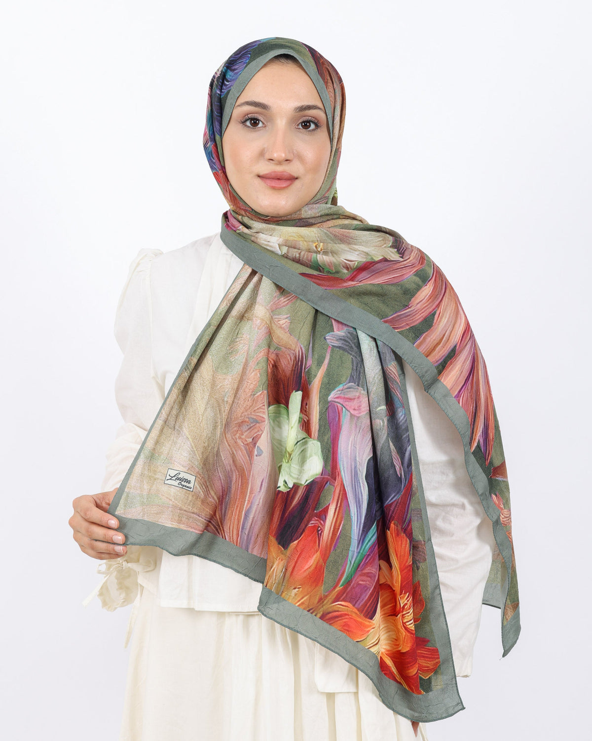 Soft Bambu Kraş Şal D055 Adaçayı Yeşili, çiçekli desenli, 75 × 185 cm şal – görsel 1