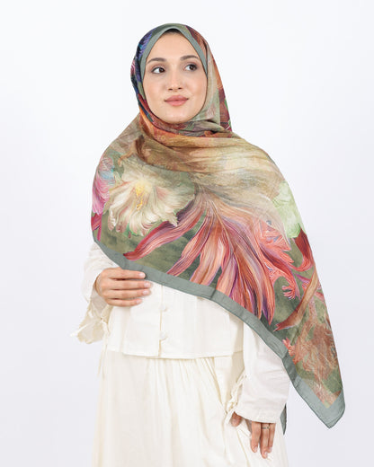 Soft Bambu Kraş Şal D055 Adaçayı Yeşili, çiçekli desenli, 75 × 185 cm şal – görsel 2