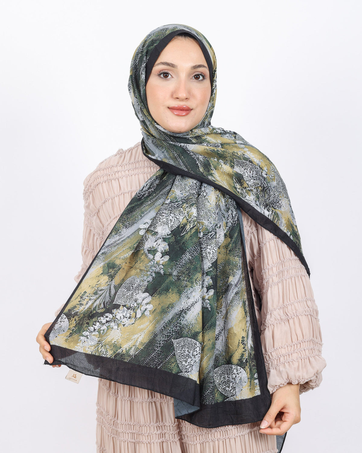 Soft Bambu Kraş Şal D048 Siyah, yapraklı desenli, 75 × 185 cm şal – görsel 2