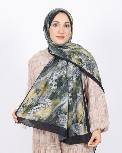 Soft Bambu Kraş Şal D048 Siyah, yapraklı desenli, 75 × 185 cm şal – görsel 2