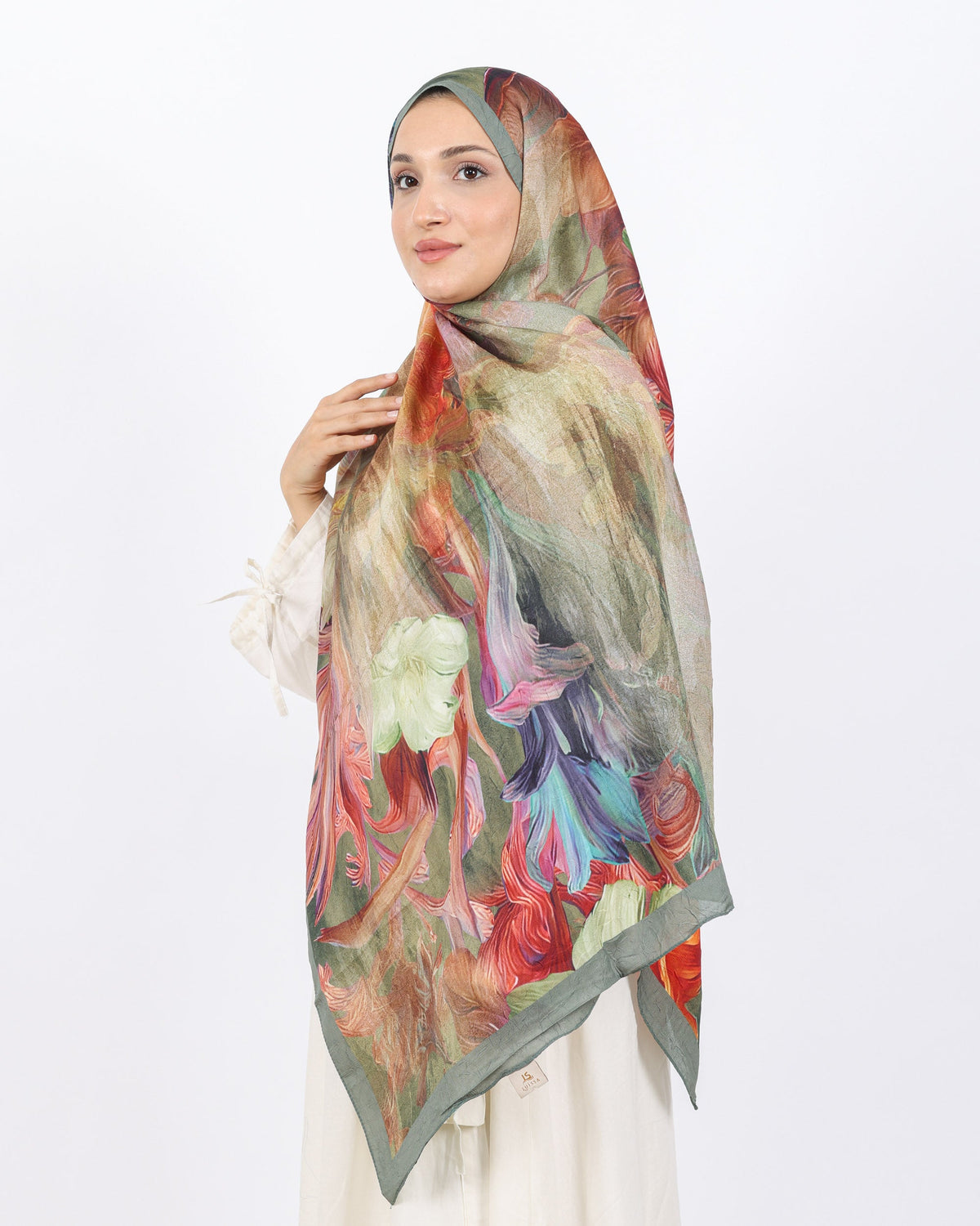 Soft Bambu Kraş Şal D055 Adaçayı Yeşili, çiçekli desenli, 75 × 185 cm şal – görsel 3