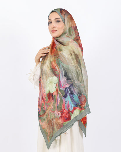 Soft Bambu Kraş Şal D055 Adaçayı Yeşili, çiçekli desenli, 75 × 185 cm şal – görsel 3