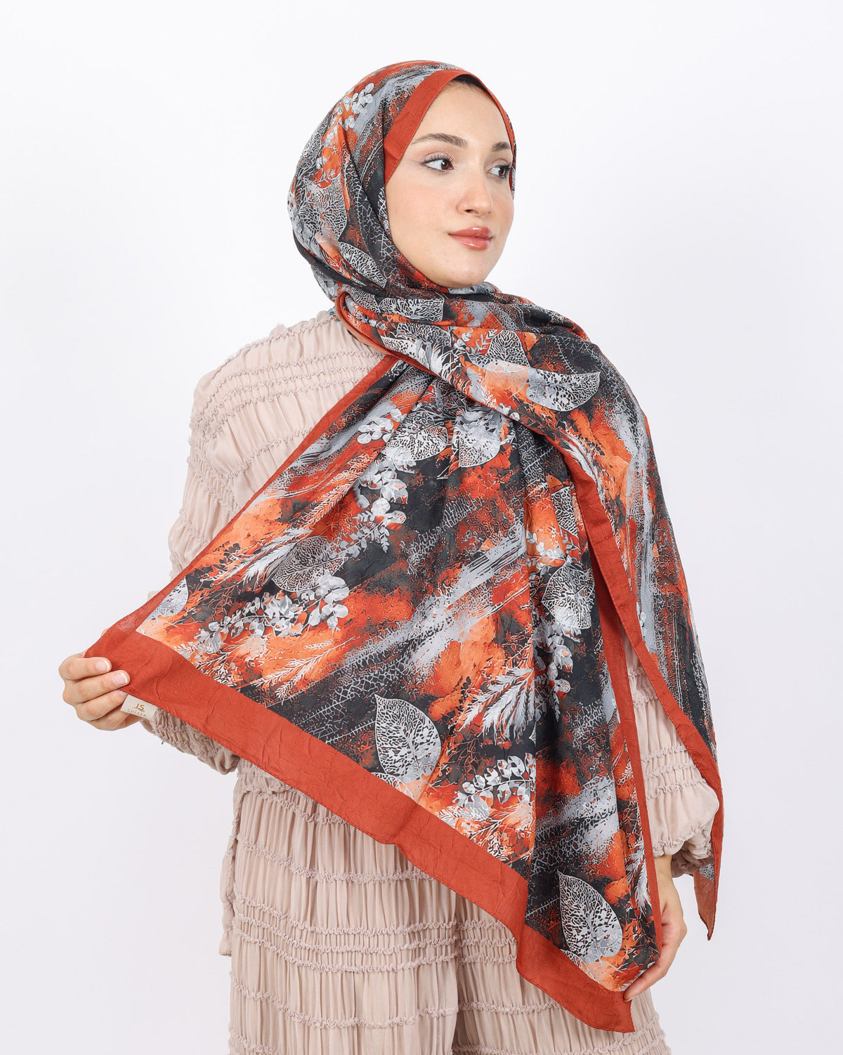 Soft Bambu Kraş Şal D048 Kiremit, yapraklı desenli, 75 × 185 cm şal – görsel 1