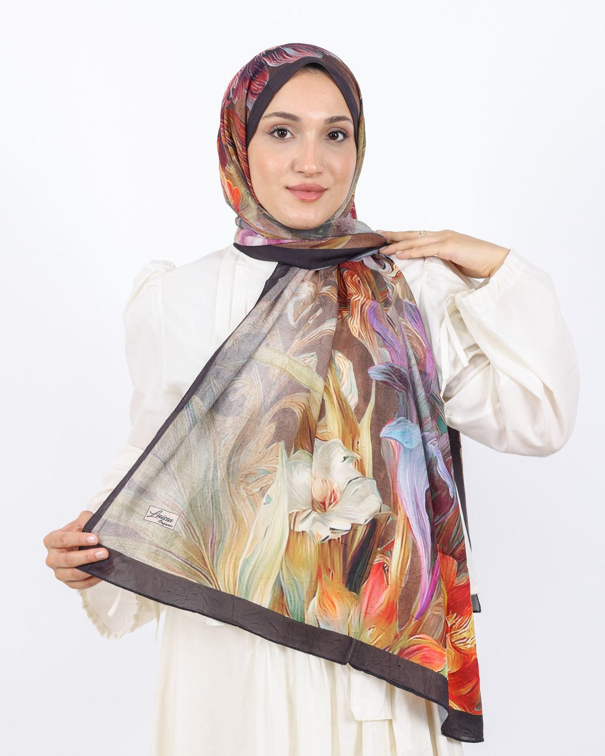 Soft Bambu Kraş Şal D055 Koyu Kahverengi, çiçekli desenli, 75 × 185 cm şal – görsel 2