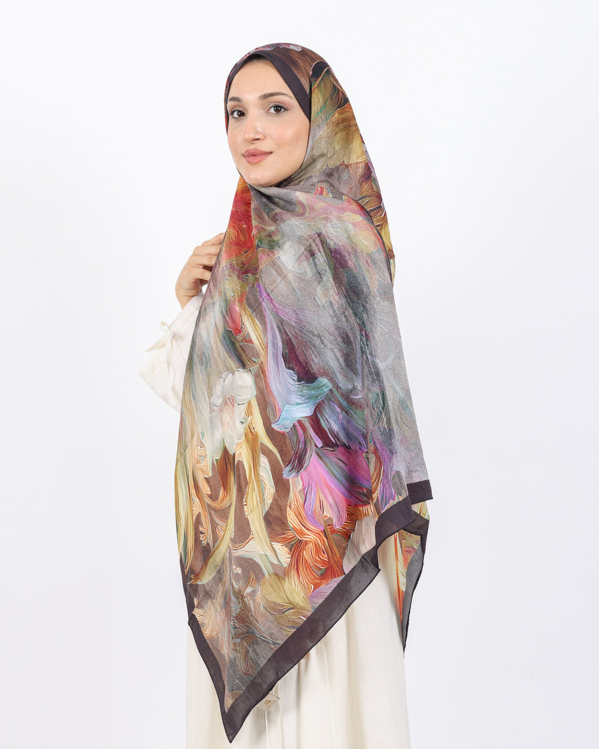 Soft Bambu Kraş Şal D055 Koyu Kahverengi, çiçekli desenli, 75 × 185 cm şal – görsel 1