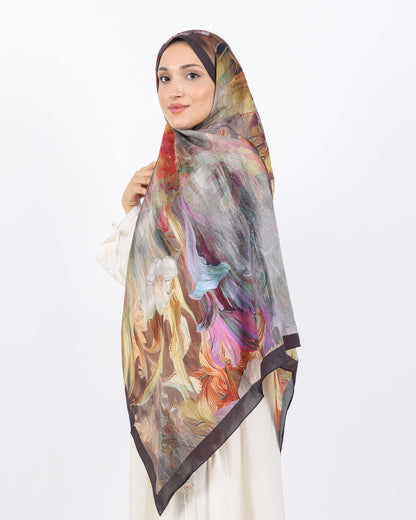 Soft Bambu Kraş Şal D055 Koyu Kahverengi, çiçekli desenli, 75 × 185 cm şal – görsel 1