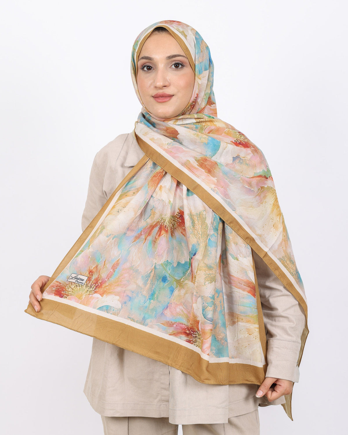 Soft Bambu Kraş Şal D044 Hardal, çiçekli desenli, 75 × 185 cm şal – görsel 1