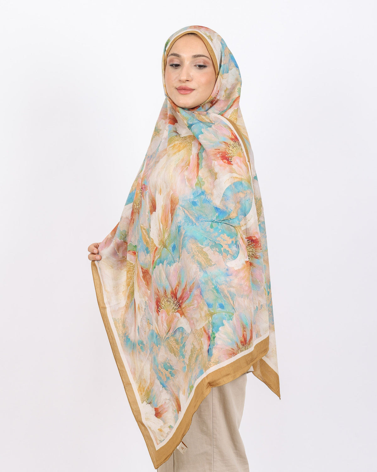 Soft Bambu Kraş Şal D044 Hardal, çiçekli desenli, 75 × 185 cm şal – görsel 3