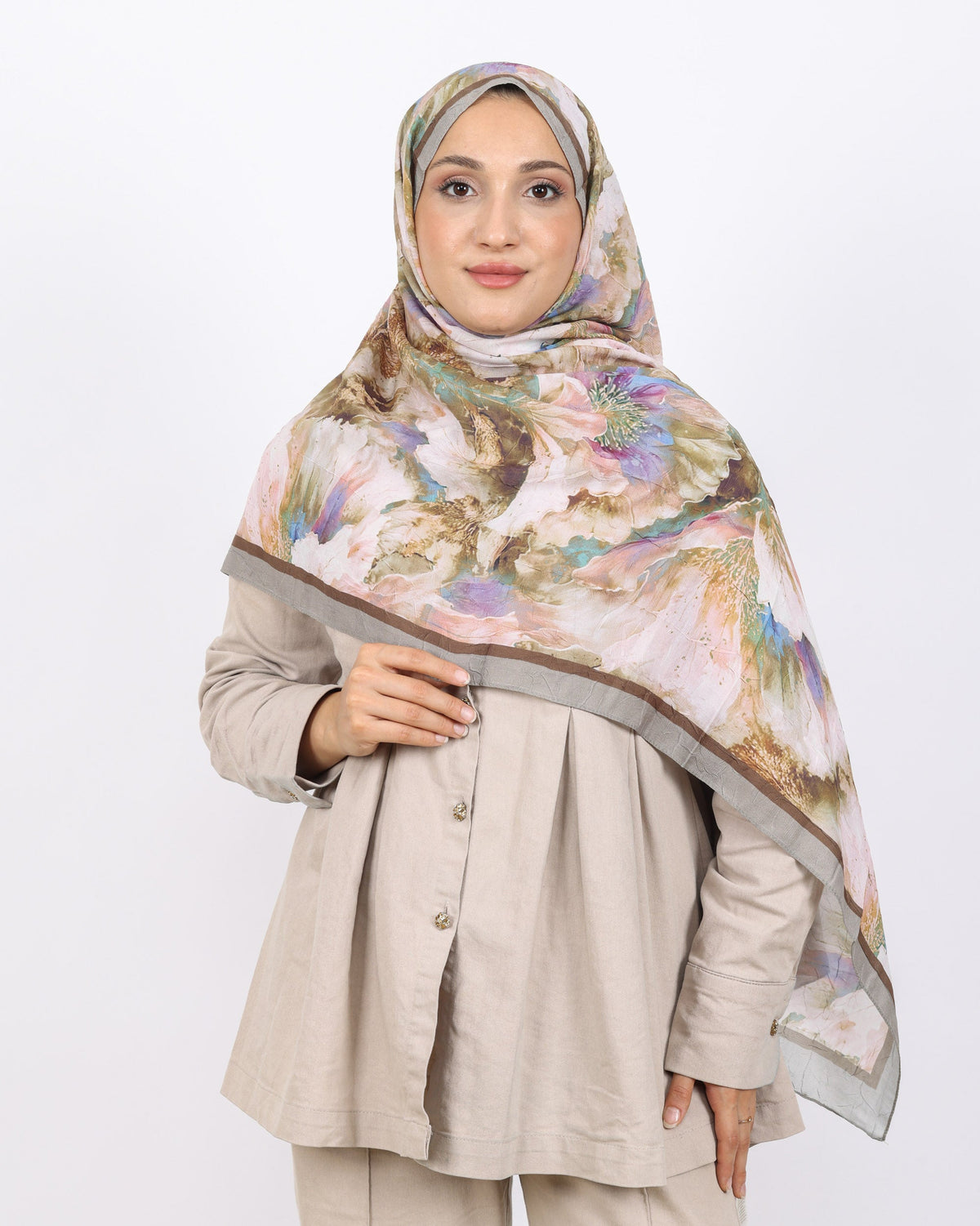 Soft Bambu Kraş Şal D044 Gri Kahve, çiçekli desenli, 75 × 185 cm şal – görsel 3