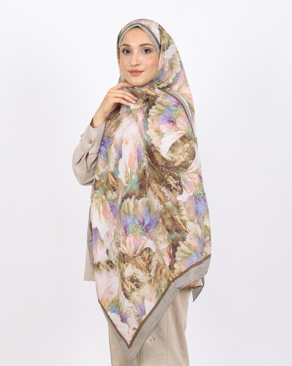 Soft Bambu Kraş Şal D044 Gri Kahve, çiçekli desenli, 75 × 185 cm şal – görsel 4
