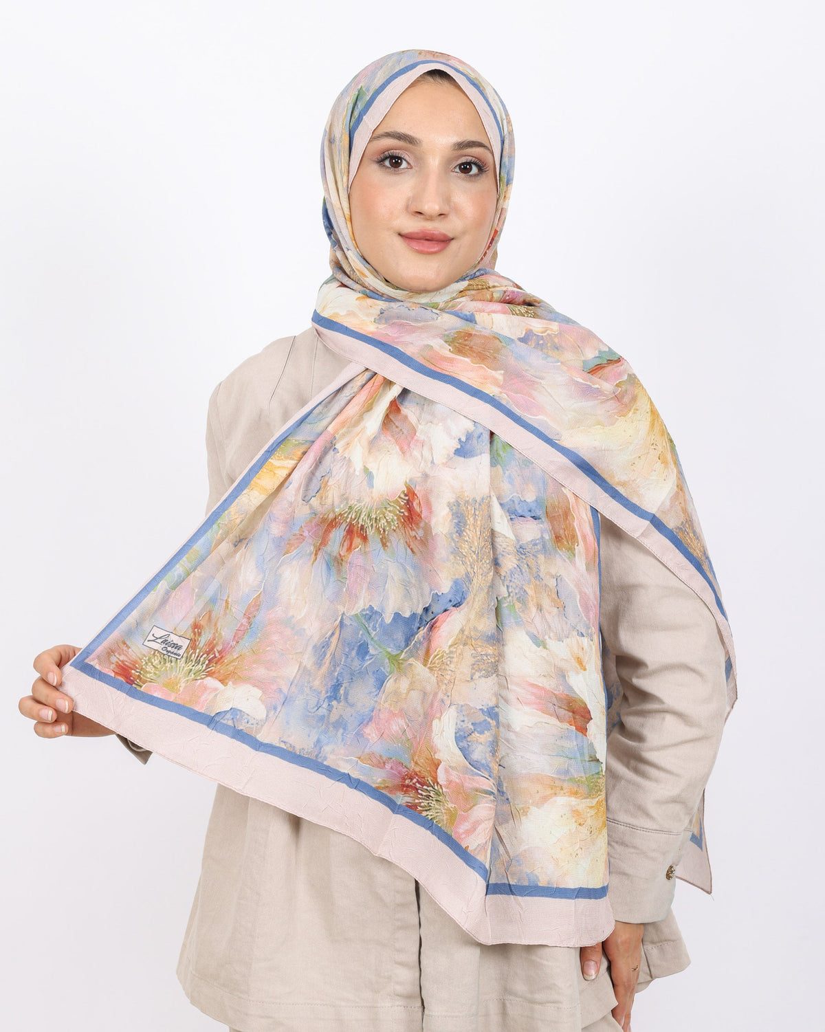 Soft Bambu Kraş Şal D044 Bej, çiçekli desenli, 75 × 185 cm şal – görsel 2