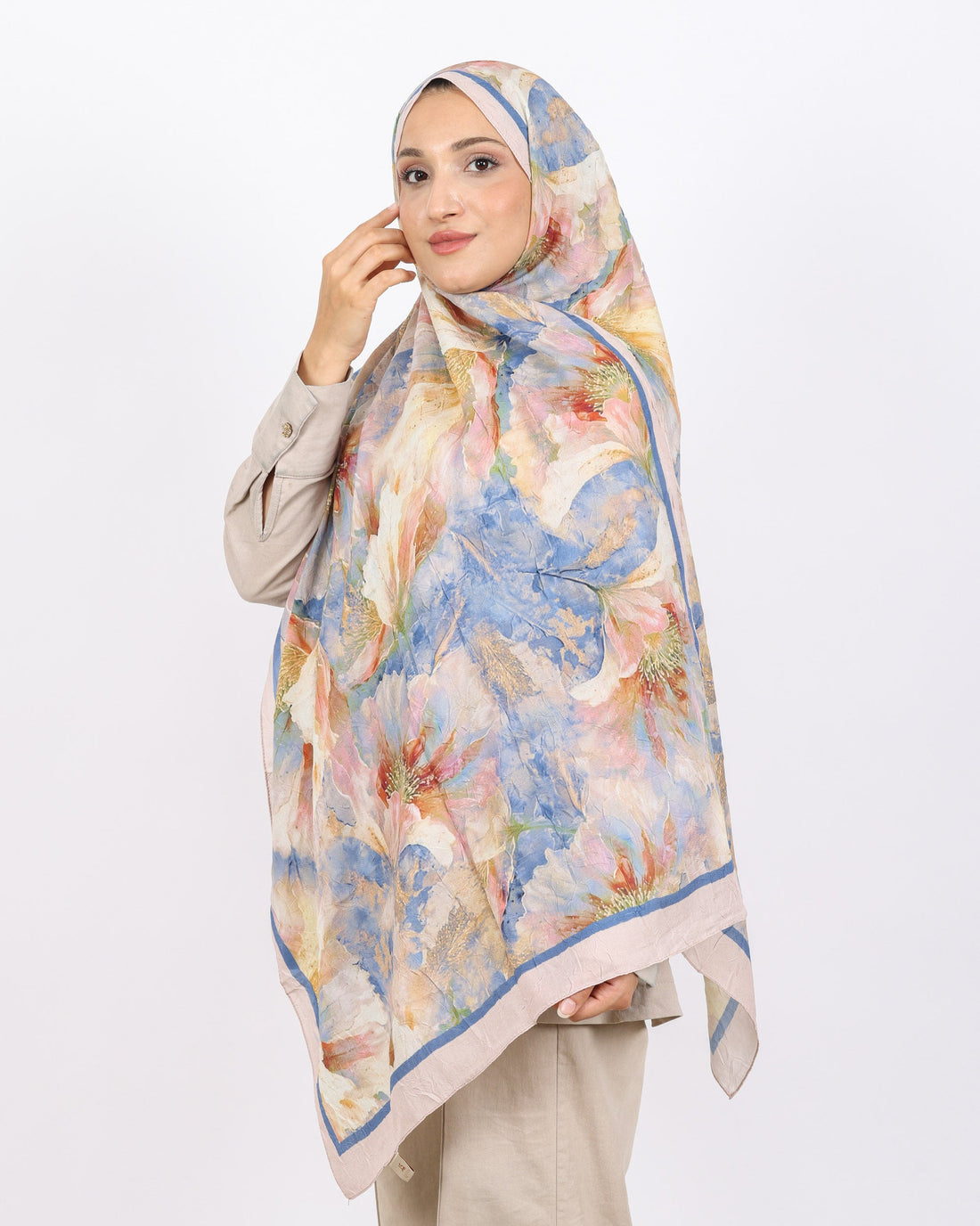 Soft Bambu Kraş Şal D044 Bej, çiçekli desenli, 75 × 185 cm şal – görsel 1