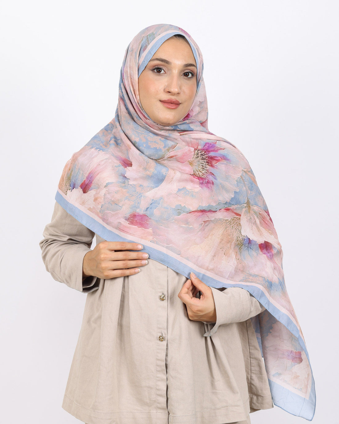 Soft Bambu Kraş Şal D044 Bebe Mavisi, çiçekli desenli, 75 × 185 cm şal – görsel 1