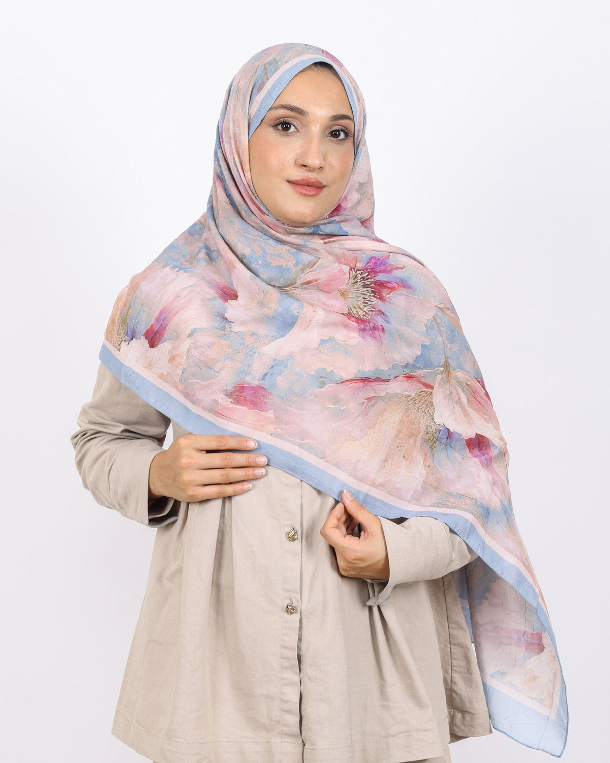 Soft Bambu Kraş Şal D044 Bebe Mavisi, çiçekli desenli, 75 × 185 cm şal – görsel 1