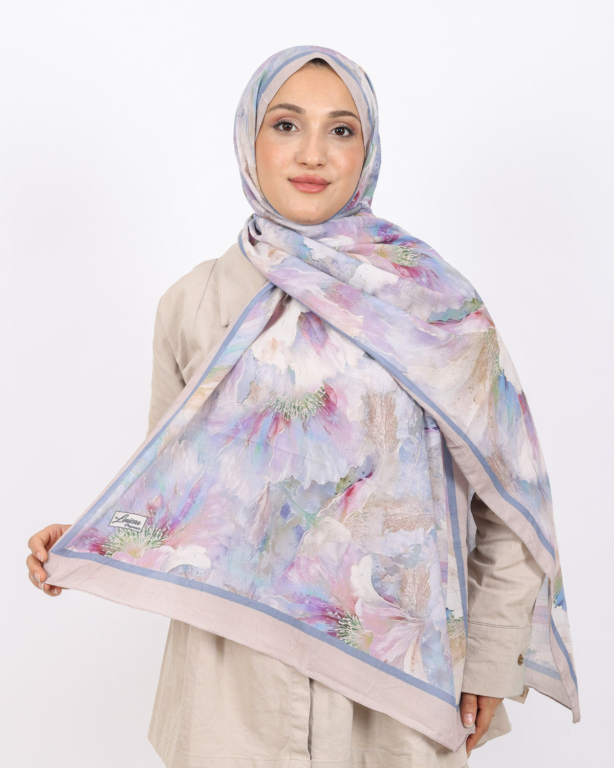 Soft Bambu Kraş Şal D044 Vizon, çiçekli desenli, 75 × 185 cm şal – görsel 2