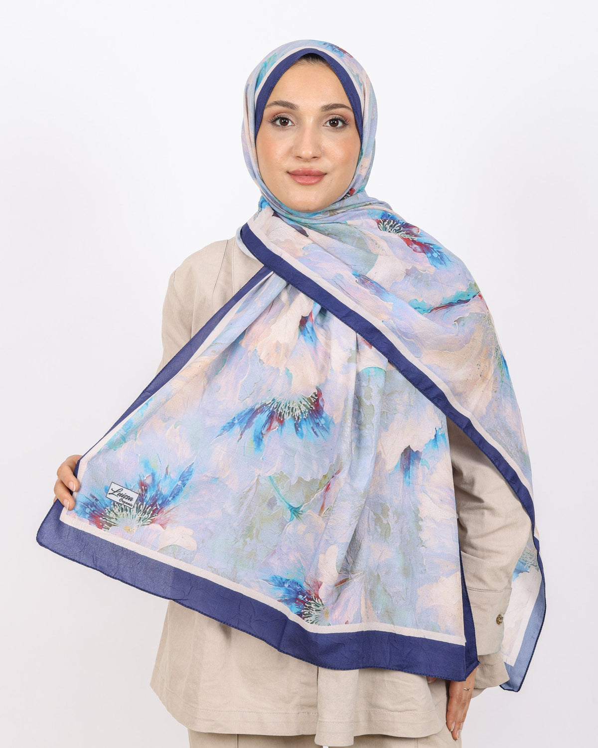 Soft Bambu Kraş Şal D044 Lacivert, çiçekli desenli, 75 × 185 cm şal – görsel 2