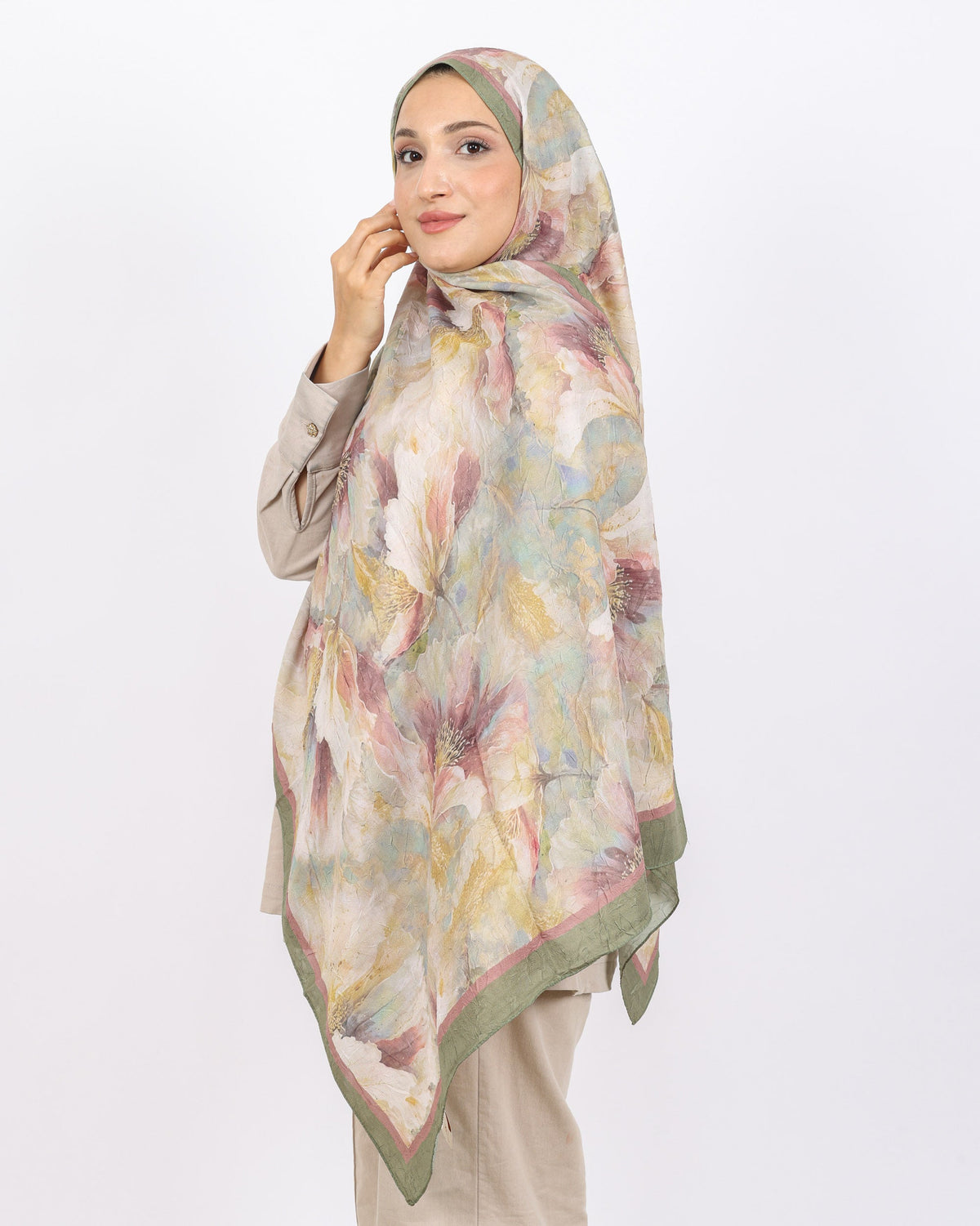 Soft Bambu Kraş Şal D044 Mint Yeşili, çiçekli desenli, 75 × 185 cm şal – görsel 1
